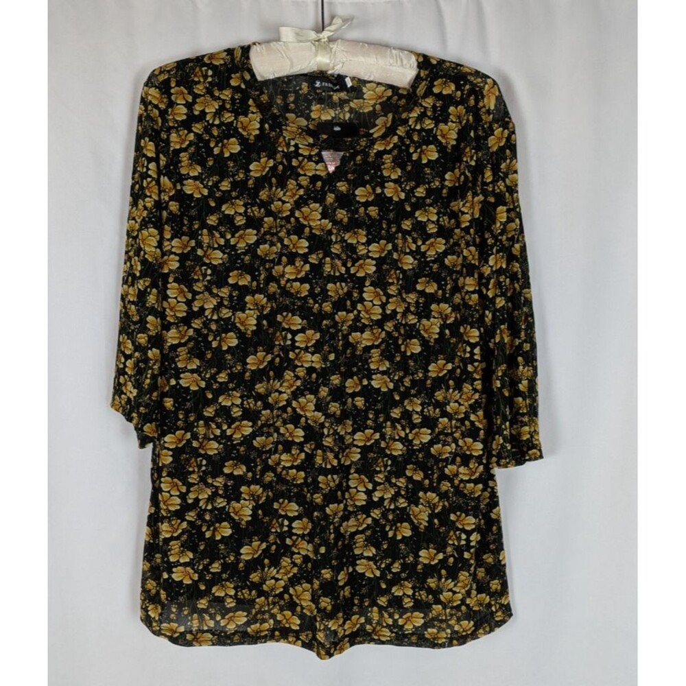 Z Fashion 3XL Black Floral V Cut Out Neck 3/4 Sleeve Mesh Blouse Lightweight